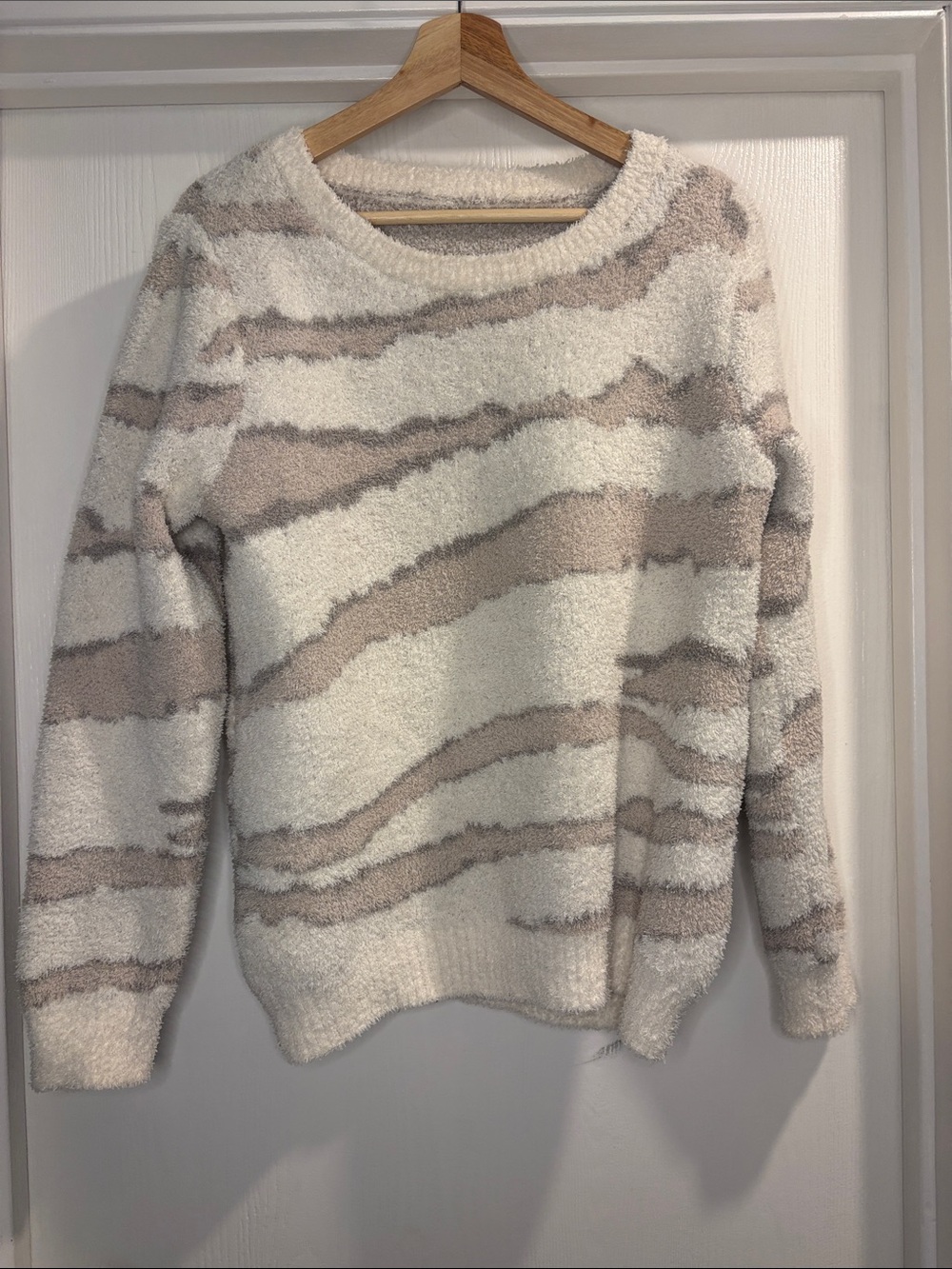 Barefoot Dreams CozyChic Cream & Taupe Striped Plush Sweater. Size L